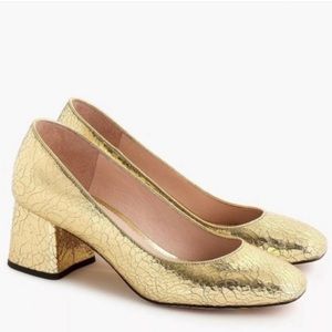 J. Crew Celia Gold Foil Holiday square toe Block Heel 8